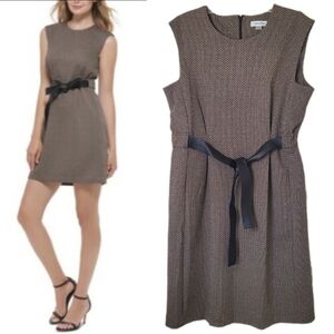 Calvin Klein Brown & Black Stretch Tweed Sleeveless Dress with Faux Leather Belt